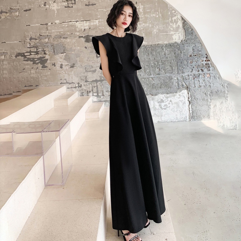 ロング イブニングドレス フリル エレガント スリム カラバリ 韓国 レディース オルチャン ロング丈 袖なし ノースリーブ タイト 細身 フリル ウエストマーク バックシャン