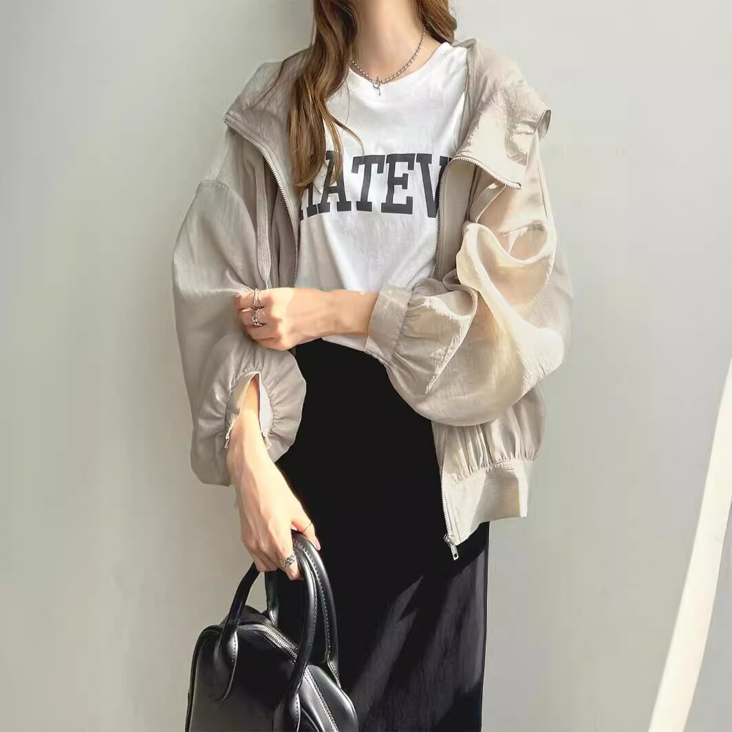 マウンテンパーカー ウィンドブレーカー ブルゾン オーバーサイズ かわいい おしゃれ 中学生 高校生 長袖 アウター 夏 韓国 ブラック アプリコット ホワイト ファッション レディース 日焼