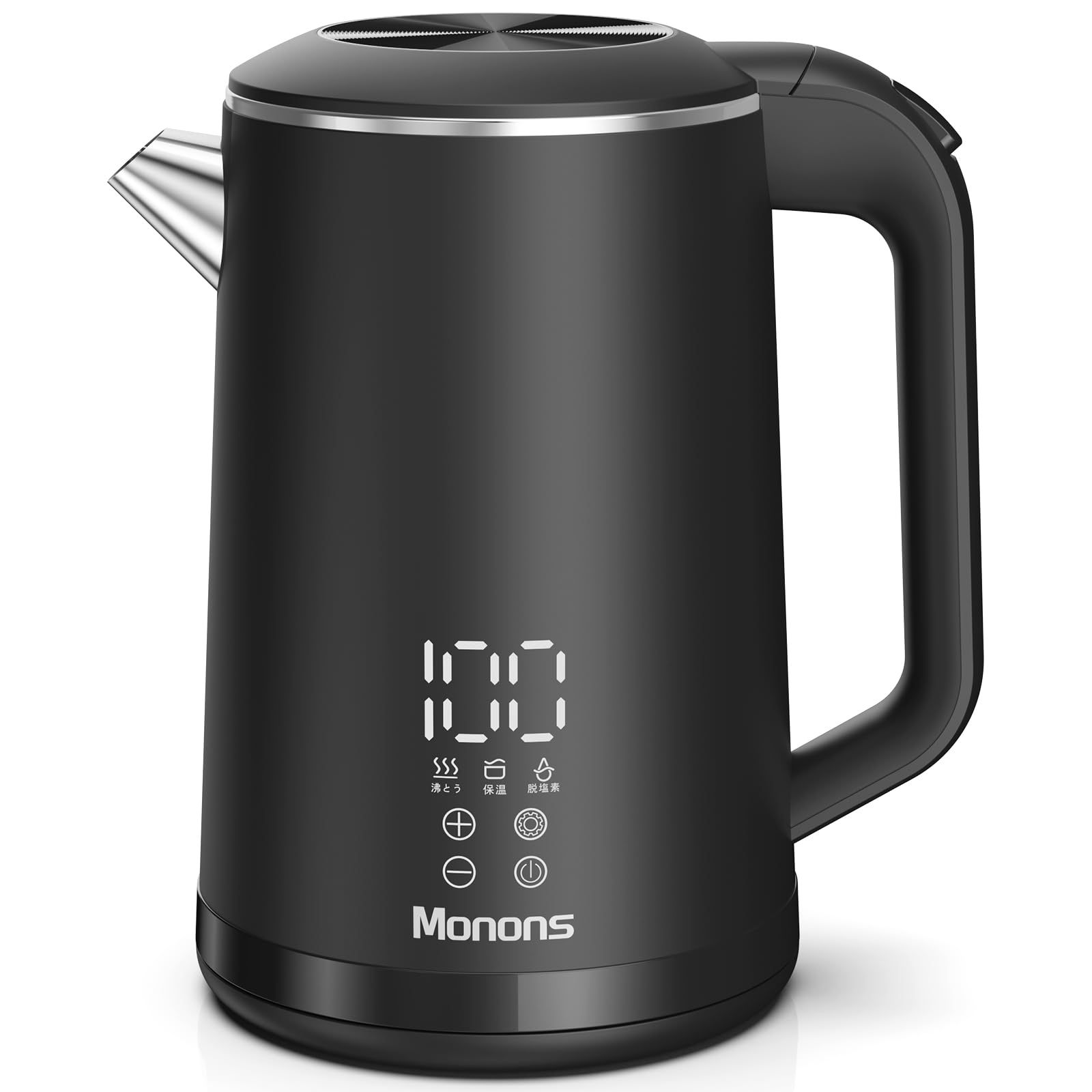 【Amazon.co.jp限定】モノンズ(Monons) 電気ケトル 1.6L 99%塩素除去 電気ポット 1100W 急速沸騰 触れても熱くない二重構造 デジタルディスプレイ＆タッチ操作 温度調節