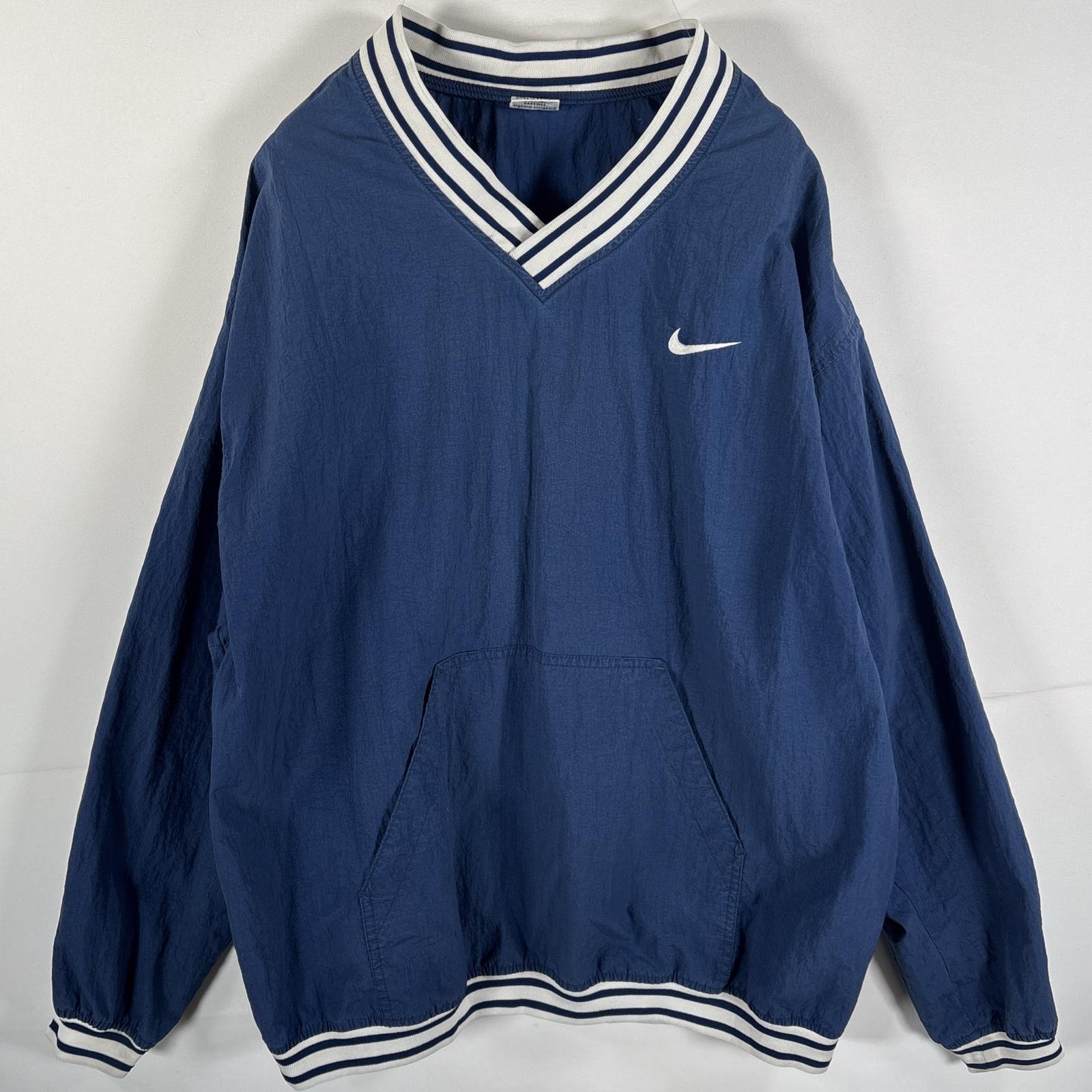 古着 90s/90年代 ナイロンプルオーバー ワンポイントロゴ スウッシュ リブ ビッグサイズ XXL ネイビー メンズ