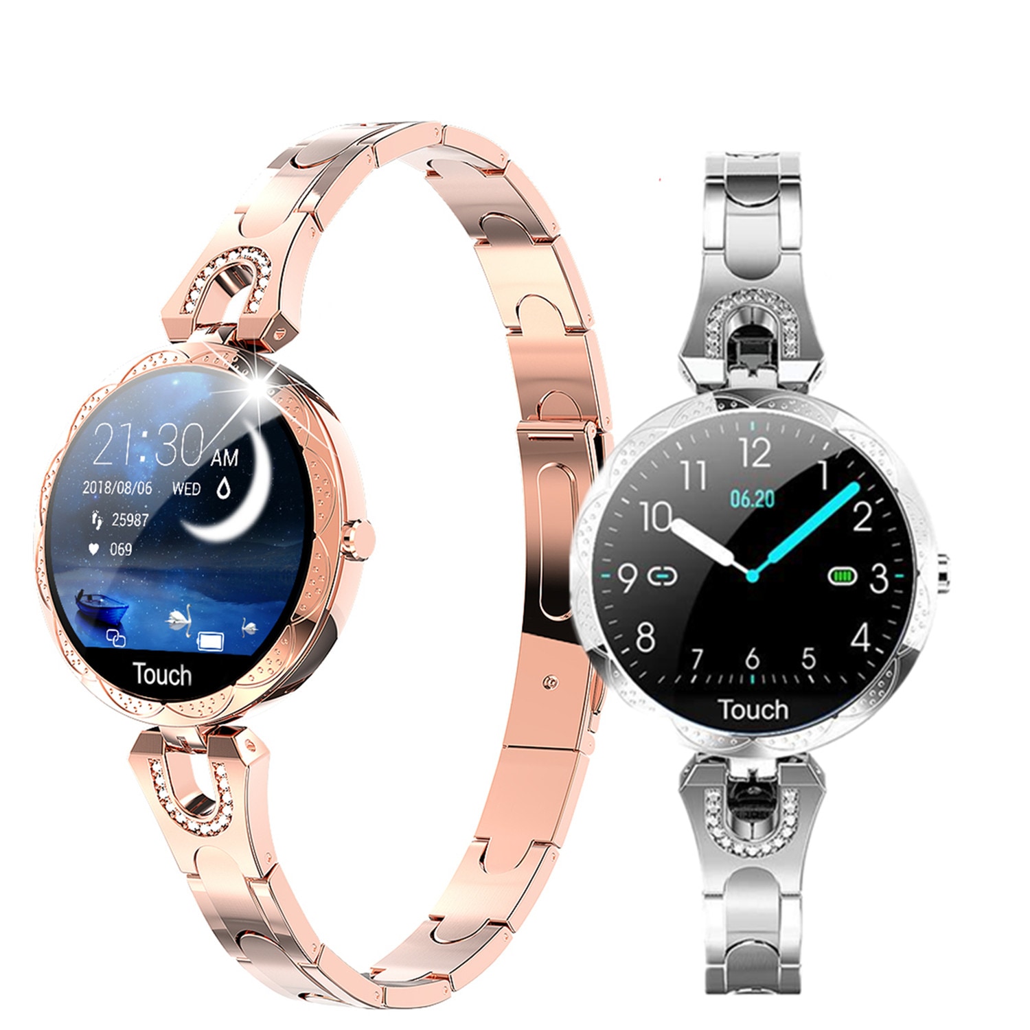 JUSUTEK 2023 最新 ファッションスマートウォッチ レディース 全金属丸型可愛い腕時計 24時間心拍 血圧 女性生理期 音楽制御 リモコン撮影 Line通知 iphone&Android対応