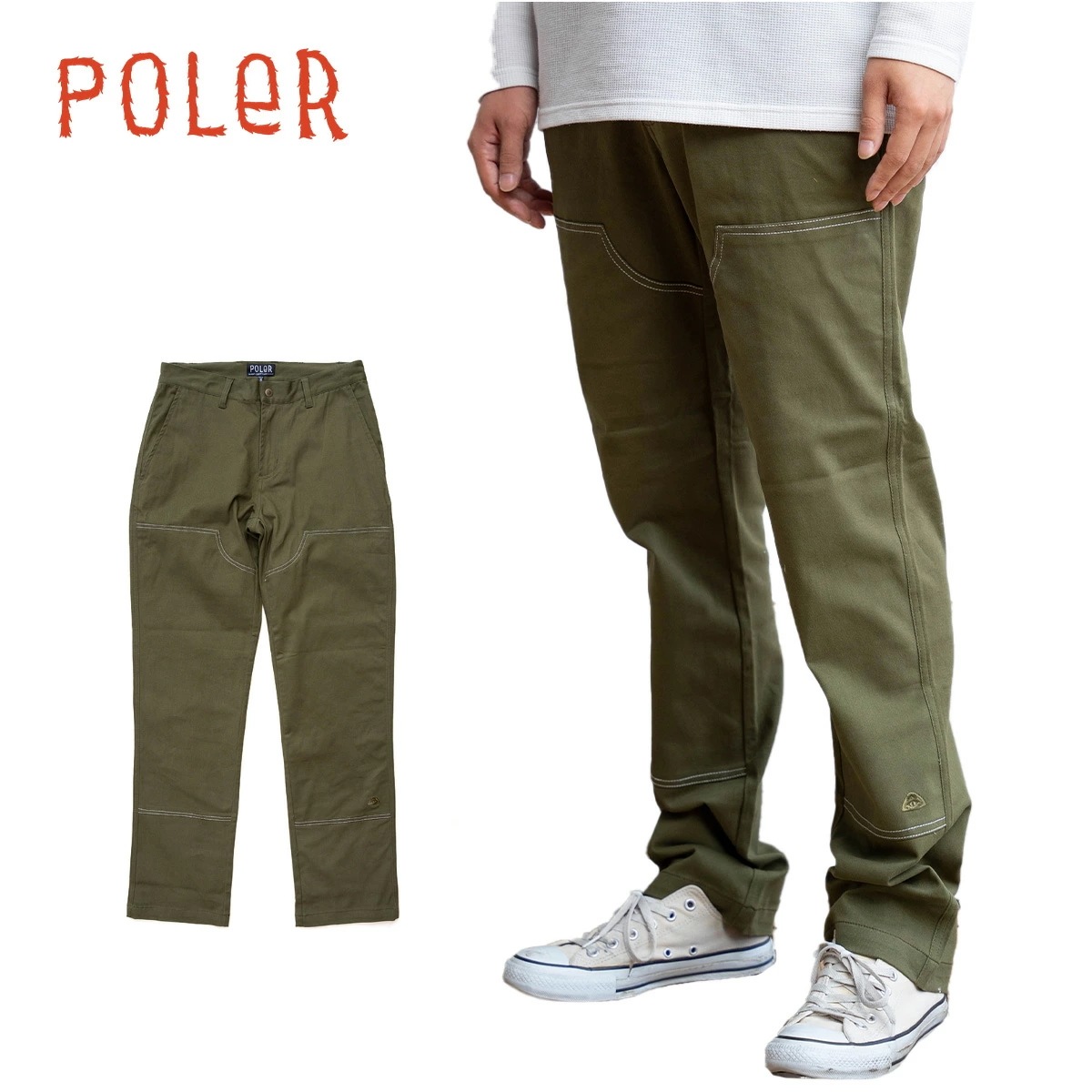 ロングパンツ メンズ POLER CAMPO PANTS ポーラー カンポパンツ チノパン 刺繍ロゴ 無地 コットン ストレッチ ストリート カジュアル シンプル カーキ POLeR
