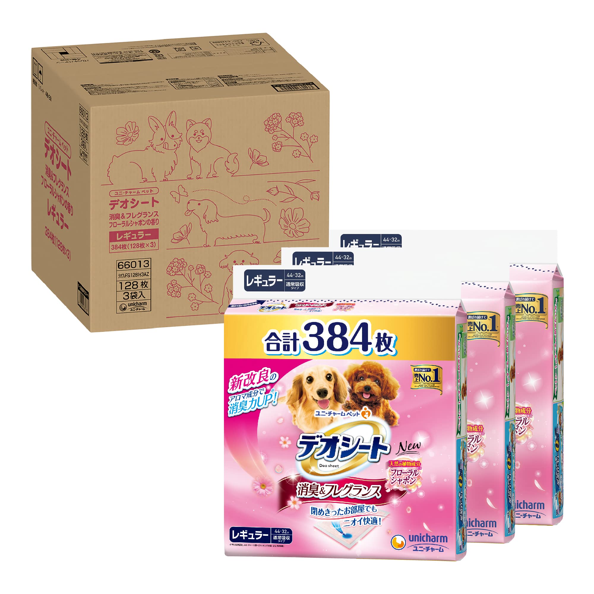 【Amazon.co.jp限定】 デオシート 犬用 シート 消臭・フレグランス フローラルシャボンの香り レギュラー 384枚（128枚×3袋）おしっこ ペット用品 ユニチャーム