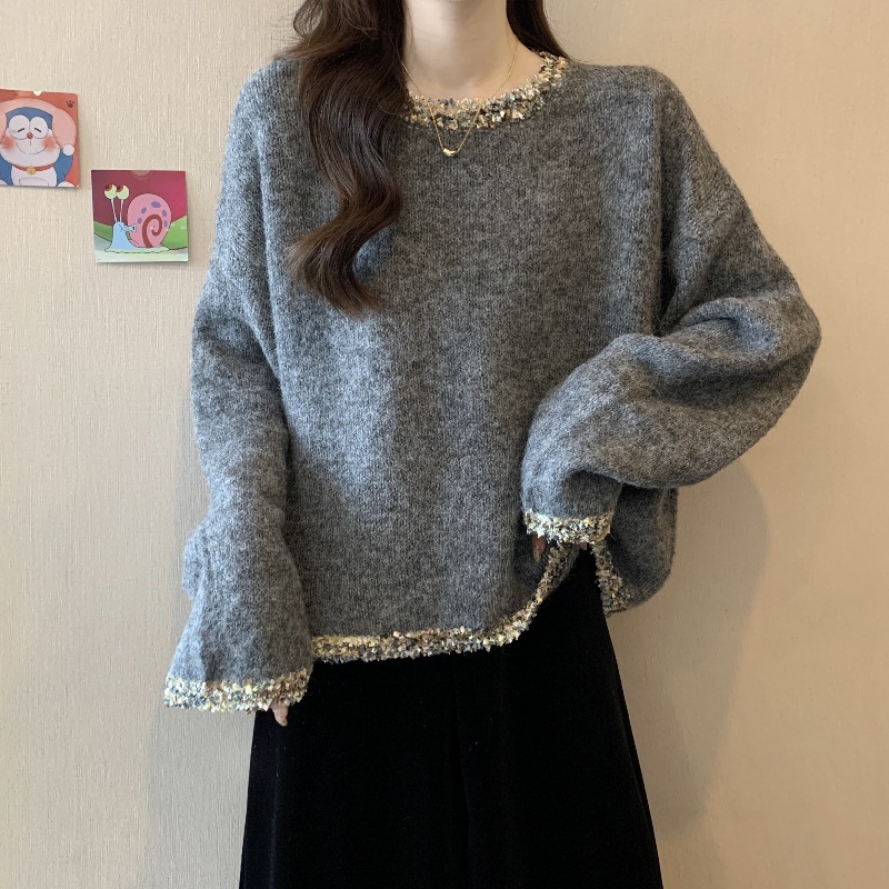 柔らかくふわふわしたレディースセーター2024年秋冬プラスサイズスタイリッシュなデザイン光沢のある生地ショートスタイルベースレイヤーニットウェア