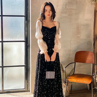ドレス 大人 ピアノ 発表会 キラキラ ロングドレス 演奏会 結婚式 母親 ピアノ発表会 黒 袖付き ワンピース 長袖 演奏会ドレス 演奏会用ドレス パーティードレス イブニングドレス ロング丈 9,698円