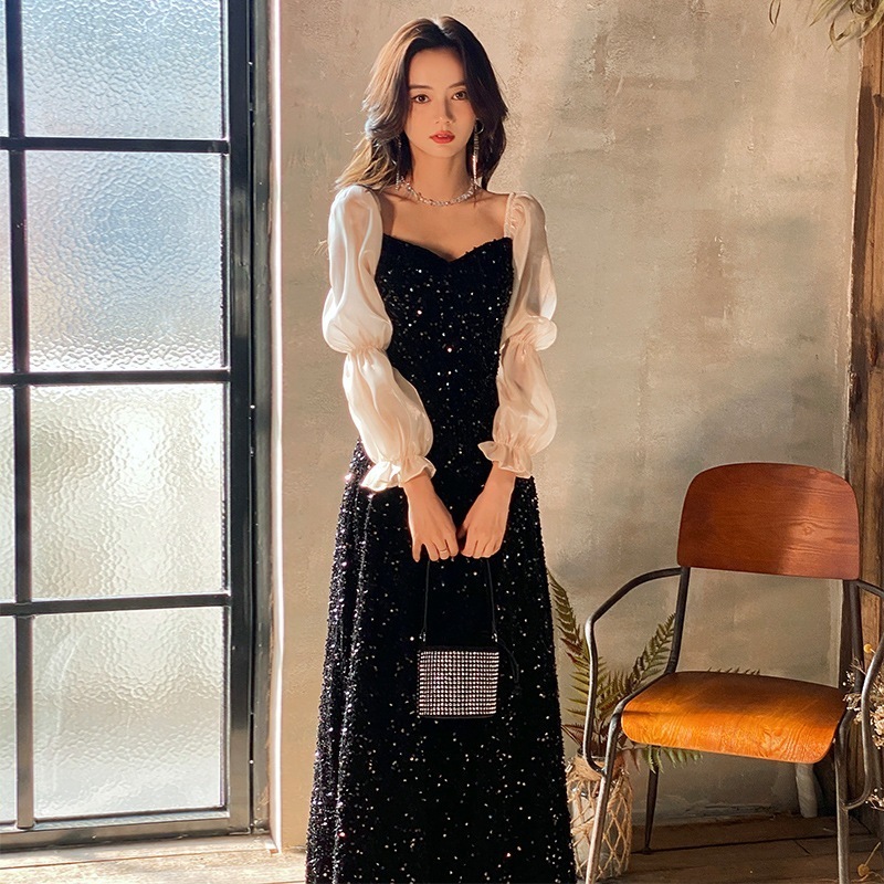 ドレス 大人 ピアノ 発表会 キラキラ ロングドレス 演奏会 結婚式 母親 ピアノ発表会 黒 袖付き ワンピース 長袖 演奏会ドレス 演奏会用ドレス パーティードレス イブニングドレス ロング丈