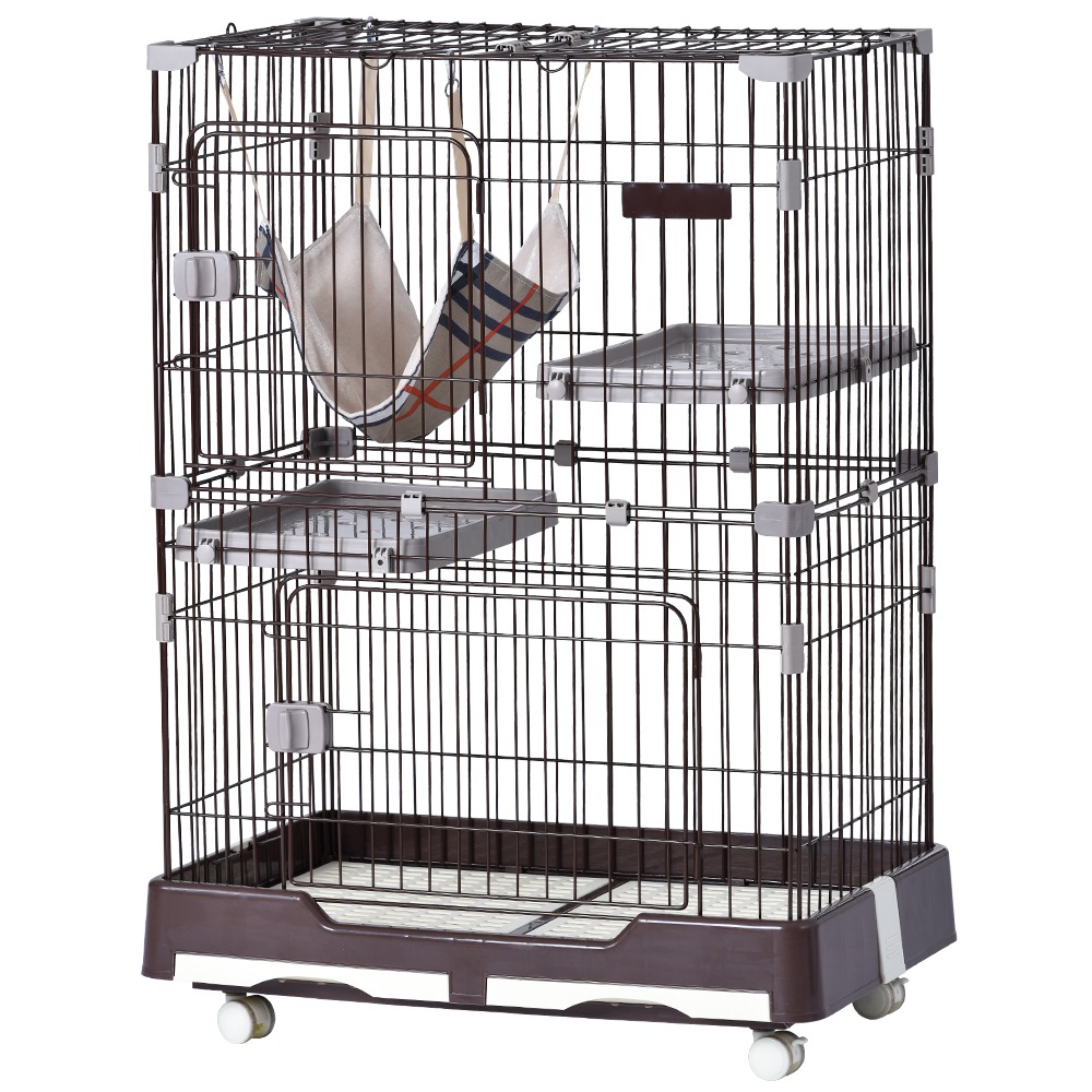 【国内発送】28猫 ケージ キャットケージ ペットケージ キャスター付 猫ゲージ 大型 多頭飼い ネコドア キャットハウス 1段2段可能 留守番 保護 脱走防止 おしゃれ (2段,ブラウン)