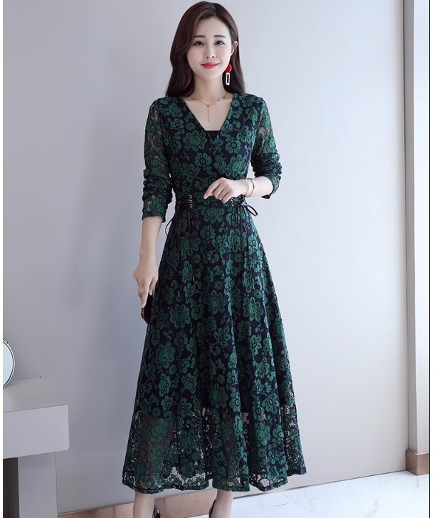 A1022.Vネックシースルー花柄レースフレアドレス（グリーン）2019 春夏 sale 春夏 sale ワンピース 長袖 フリル エレガント お呼ばれ パーティー 結婚式 披露宴 女子会 レストラン