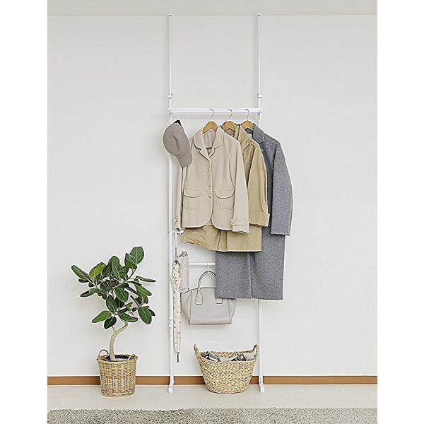 ハンガーラック つっぱり 白 洋服掛け クロムメッキ 省スペース おしゃれ 玄関収納 傘立て 身支度ラック 段差対応 突っ張り 幅62cm