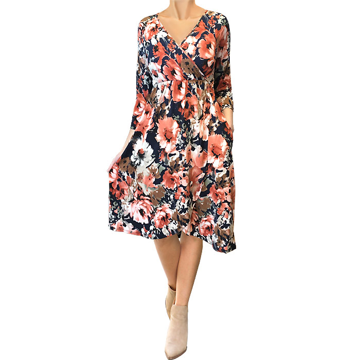 ワンピース 7分袖 Vネック カシュクール ボタニカル レトロ カラオケ パーティ お出かけ 女子会 40代 50代 60代 S.M.L ネイビーブルー FROM USA SP241118LA013