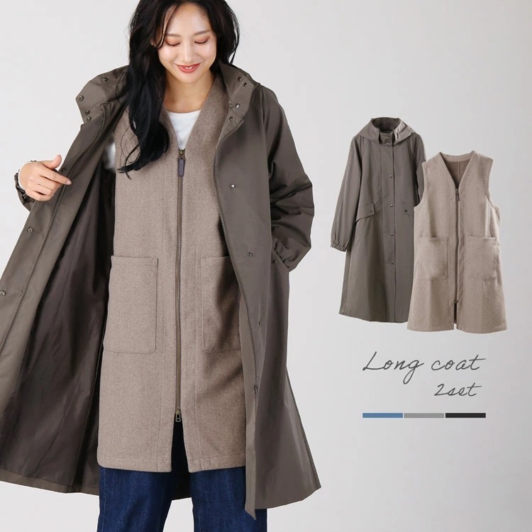 コート レディース ロングコート ライナー付き 秋冬 アウター 3way 撥水 防風 暖かい ライナー ベスト ライトアウター モッズコート ミリタリーコート ブラック ブルー 母の日 ギフト プレゼ