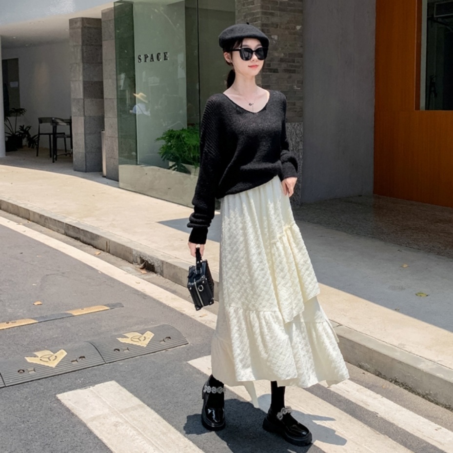 2カラー ボトムス レディース スカート ロングスカート ロング丈 レイヤード ゆったり 楽ちん ワンサイズ 普段使い 個性的 カジュアル ブラック ホワイト かわいい 可愛い おしゃれ お洒落