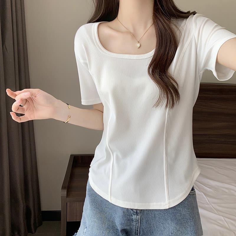 太った人向けの大きいサイズのレディース半袖右肩tシャツ女性用韓国風不規則なやや太り痩せボトムス女性用お腹トップをカバーするシャツ