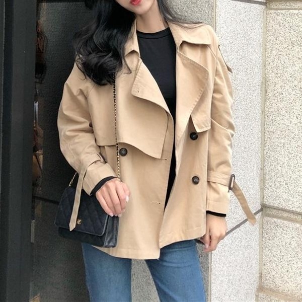 レディース アウター ジャケット コート ハーフコート トレンチコート ミドル丈 長袖 ダブルブレスト タック スプリングコート ライトアウター 羽織り シンプル カジュアル 大人カジュアル きれいめ