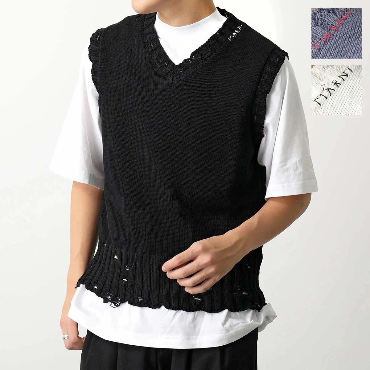 MARNI マルニ ベスト CVMG0091A0 UFC652 メンズ ノースリーブ コットンニット ジレ ダメージ加工 Vネック ロゴ刺繍 カラー3色
