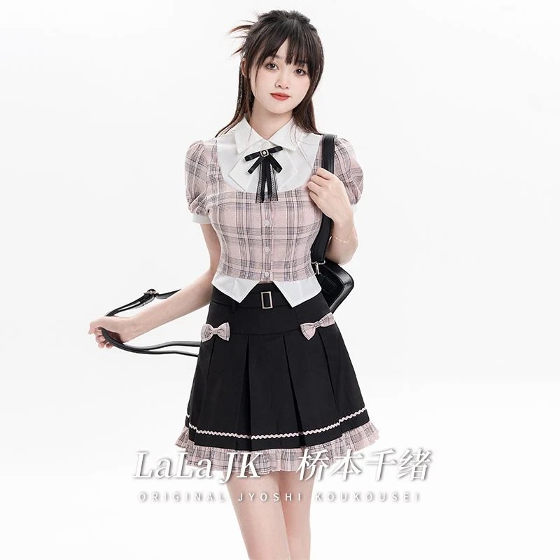 カレッジスタイルフェイク2ピースヴィンテージチェック柄シャツプチプリーツスカートセット コスプレ コスプレ セクシー ワンピース 韓国 ワンピース ドレス ロングワンピースワンピース ドレス ワンピー
