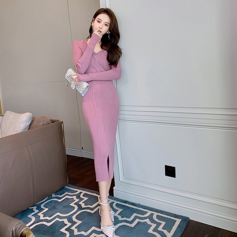 【Fellow 20％割】【JY.上品】 秋冬 ニットワンピース vネック スリム パーティードレス 着痩せ 大人 お呼ばれ 同窓会 披露宴 卒業式 結婚式 ウェディング 二次会 成人式