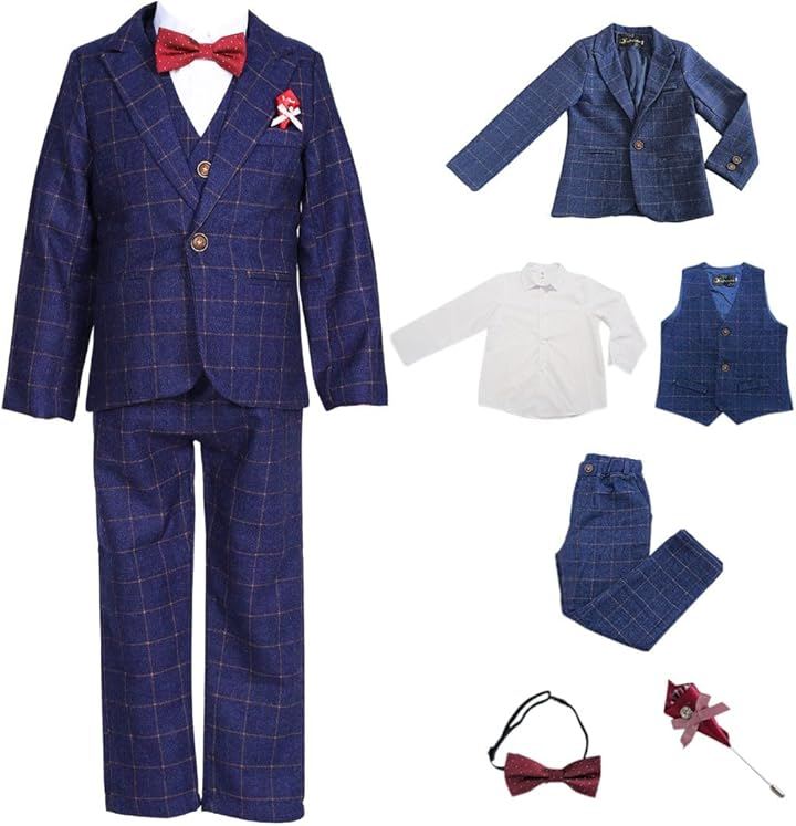 キッズ フォーマル スーツ 男の子 6点セット 入園式 卒園式 入学式 発表会 七五三 セットアップ ジャケット ベスト 子供服 チェック柄 (ブルー, 130)