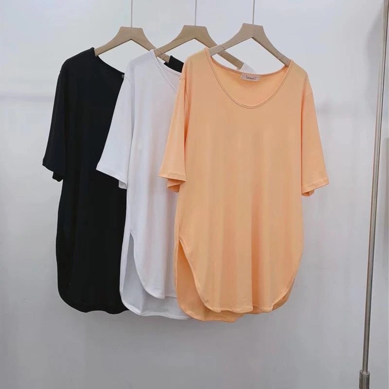 300ポンドゆったりプラスサイズ半袖tシャツ女性用夏韓国風シンプル気質多用途トップス両側スリット付き