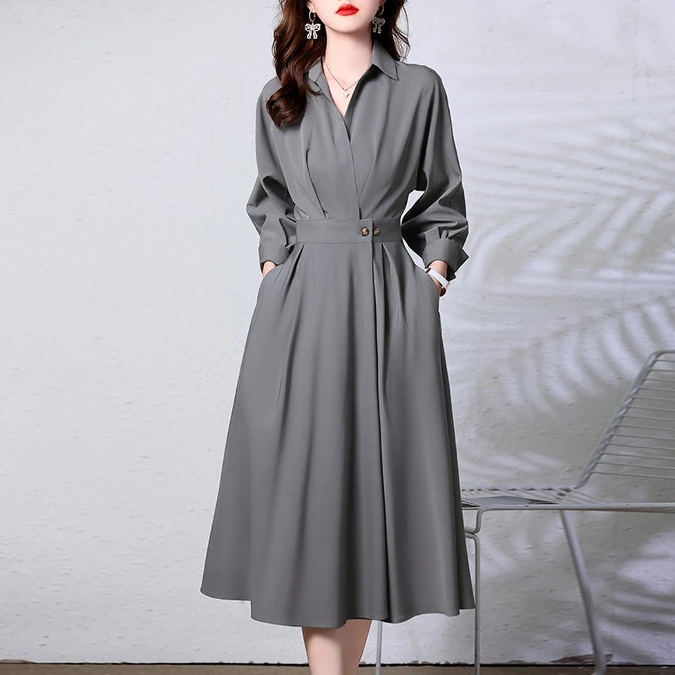 フレアシャツワンピース ワンピース シャツドレス シャツワンピース ロングワンピース シフォンワンピース 襟付き カシュクール ハイウエスト フレア ウエストマーク シフォン 無地 ギャザー 長袖