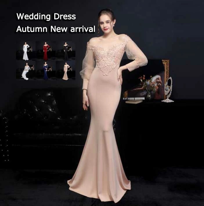 【高級感】おしゃれ 高級感 ウェディングドレス ロングドレス エレガント 上品 おしゃれ レディース 女性 着痩せ 新着 長袖 オフショルダー 無地 ファスナー ５色 ベージュ ホワイト ワイン ネイ