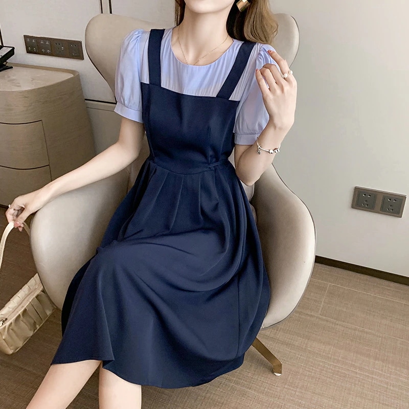 ワンピース レイヤード風ワンピース ミモレ丈ワンピース シャツワンピース シフォンワンピース Aライ