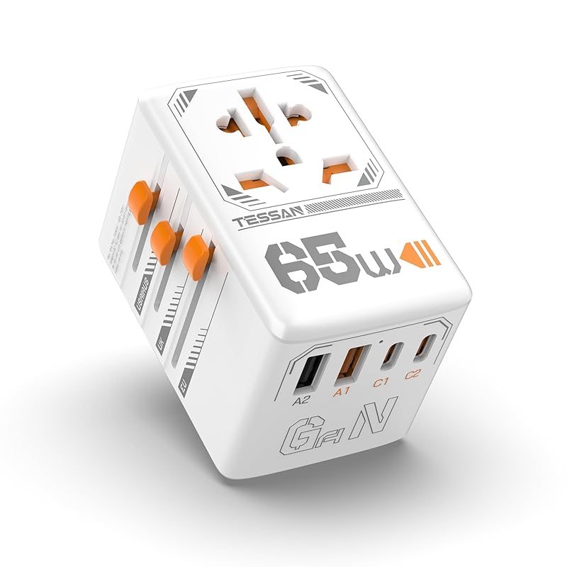 【国内即発】海外 変換プラグ 全世界対応 GaN 65W PD 急速充電 TESSAN 海外旅行用 コンセント 2USB-Aポートと2USB-Cポート付き 1AC口 コンセント変換プラグ BF O A
