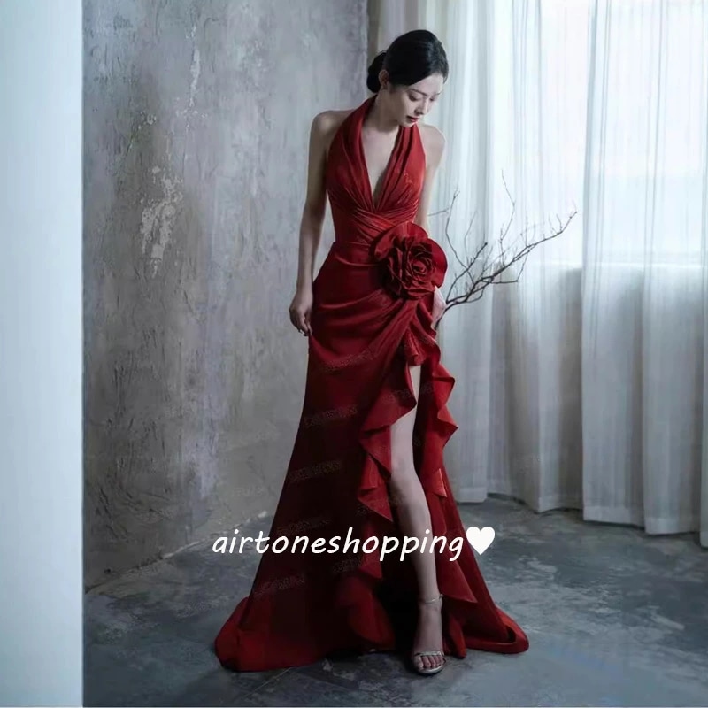 マーメイドドレス イブニングドレス ホルターネック ワイン赤 花柄 フレア フリル 可愛い 発表会ドレス ロングドレス ワインレッド スリット Vネック 背開き セクシー タイトドレス マーメイドライ