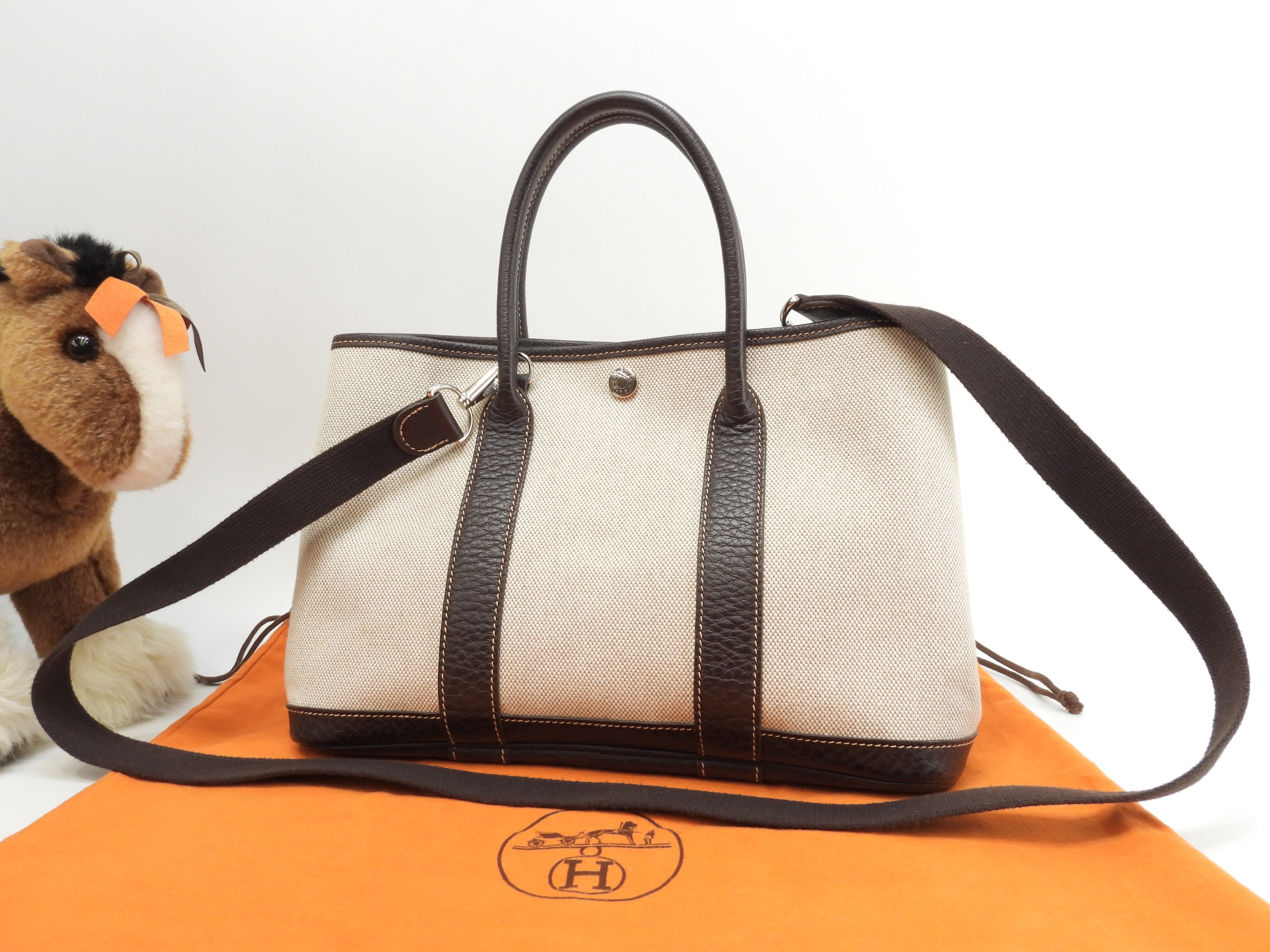 ガーデンパーティTPM トワルアッシュPM/レザー 白茶 s付ハンドバッグ 美品@I