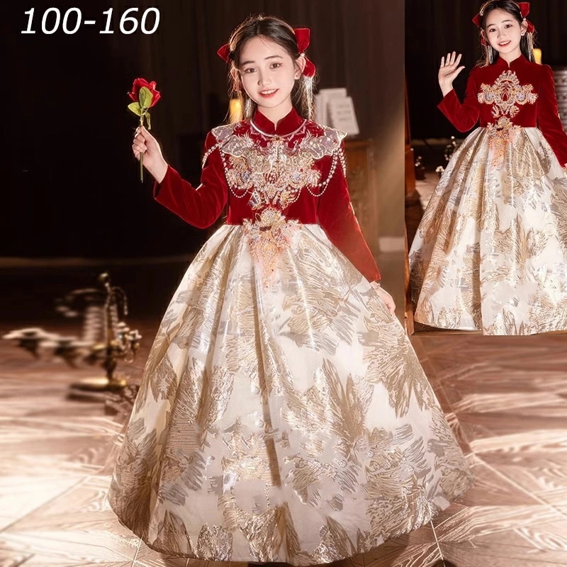 お財布に優しい上品 手作り刺繡子供 ドレス ピアノ 発表会 子どもドレス ジュニア ドレス キッズドレス ロング ベロア ベルベット ワンピース お誕生会 パーティー 立ち襟 長袖 冬 子供 ドレス