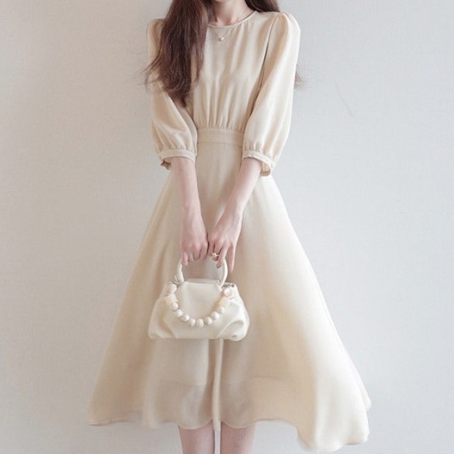 【流行の予感 】 ギャザー飾り 無地 ロング Aライン デート エレガントワンピース