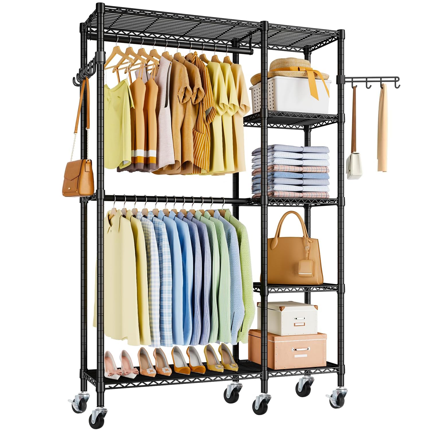 Goodraio ハンガーラック 頑丈 2段 大容量 洋服ラック 耐荷重260kg ワードローブ 2段 クローゼット 洋服掛け 省スペース＆キャスター付き おしゃれ 高さ調節可能 防サビ加工 衣類収納