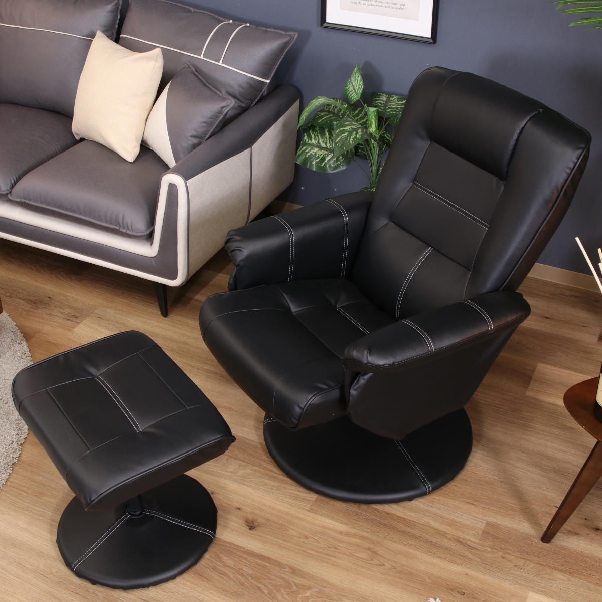 パーソナルチェア リクライニング オットマン付 座面高45ー49cm マリーノ 1人掛け ソファ ハイバック チェア PVC レザー調 回転 足置き 椅子 いす 水や汚れに強い 長時間 快適