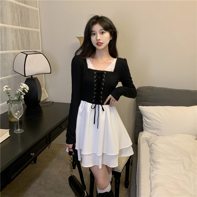 スクエアネックワンピース ワンピース フレアワンピース ワンピドレス ミニ ミニ丈 袖あり 長袖 スクエアネック フレア リボン ハイウエスト かわいい 大人可愛い きれいめ シンプル カジュアル