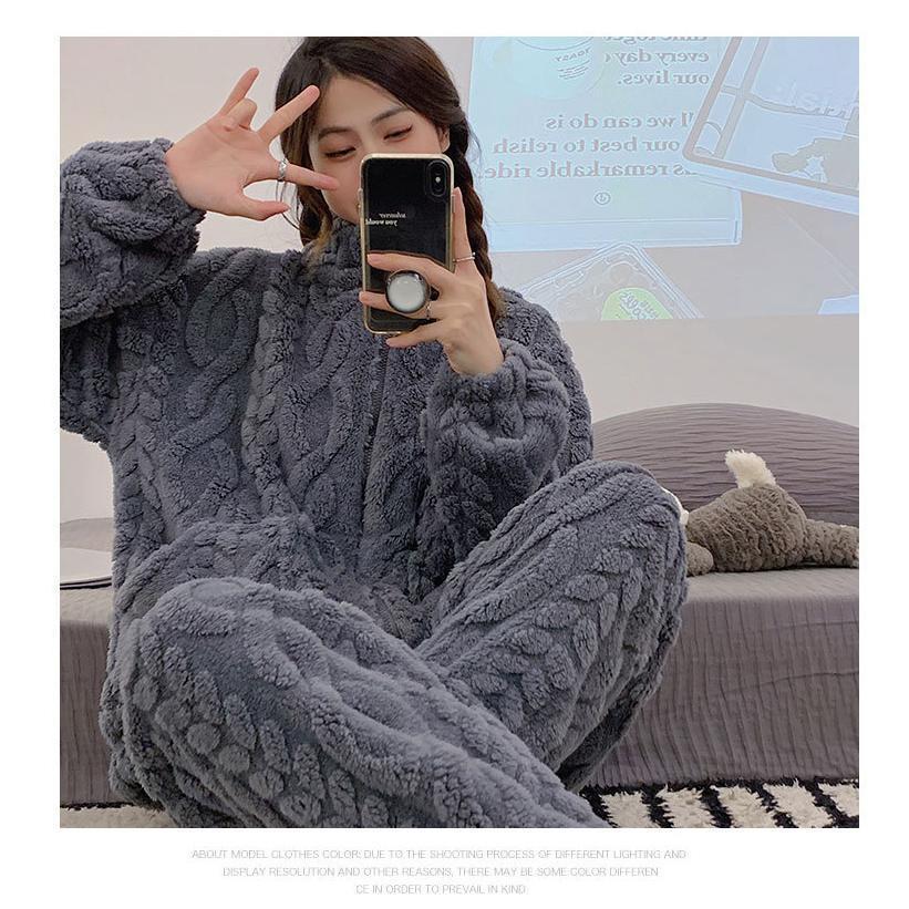 パジャマ ルームウェア 2点セット 上下セット レディース 暖かい 着心地 裏起毛 ハイネック 長袖 ジップアップ ロングパンツ 部屋着 寝巻き 上品 無地