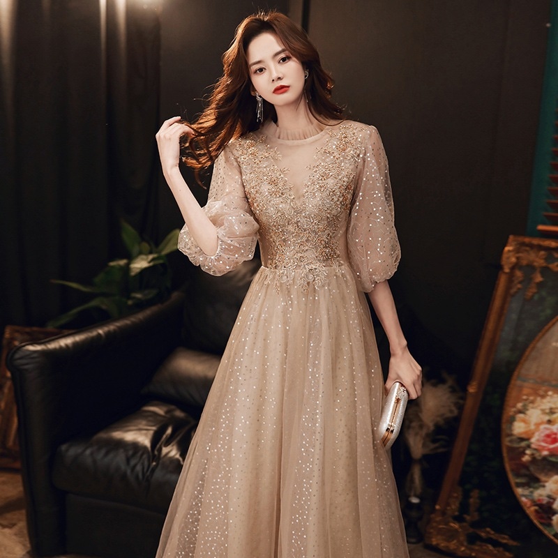 カラードレス ロングドレス コンサート コンクール ステージ衣装 演奏会 発表会 二次会 披露宴 Aラインドレス パフスリーブ ピアノ発表会 ゴールド 袖付き-819