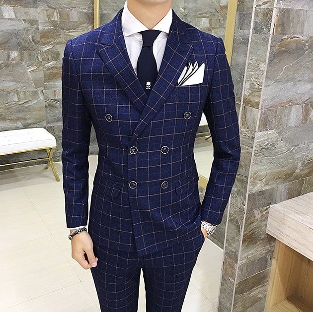 お洒落 チェック柄 メンズセットアップスーツ 3点セット 紳士ダブルスーツ　３点其々サイズ選べます