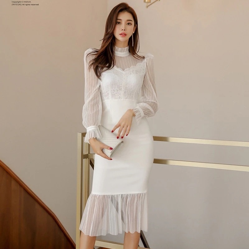 ワンピースドレスドレスワンピース 切り替え レース 九分袖 フィッシュテールスカート 透かし彫り 気質 【上品】パーティードレス 高級感 タイトスカート フェイクレイヤード