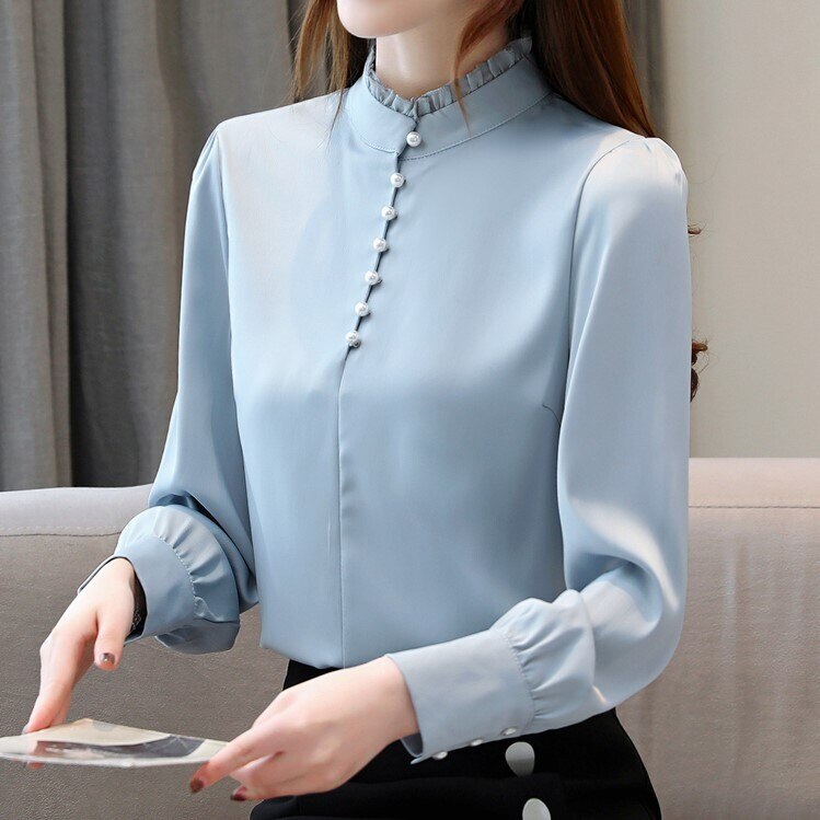 ４色 トップス シャツ ブラウス カットソー レディース 春夏 きれいめ ゆったり ゆったり 長袖 萌袖 ラウンドネック ハイネック フレア フリル 白 ホワイト 赤 レッド 青 ブルー 緑 グリーン