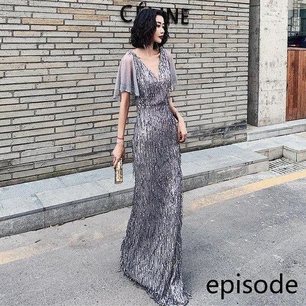 2021春パーティードレス 姫系 スパンコール セクシーV襟 花嫁ロングドレス お呼ばれ 結婚式 誕生日 ロング丈 二次会 エレガント 演奏会 挙式hs4854