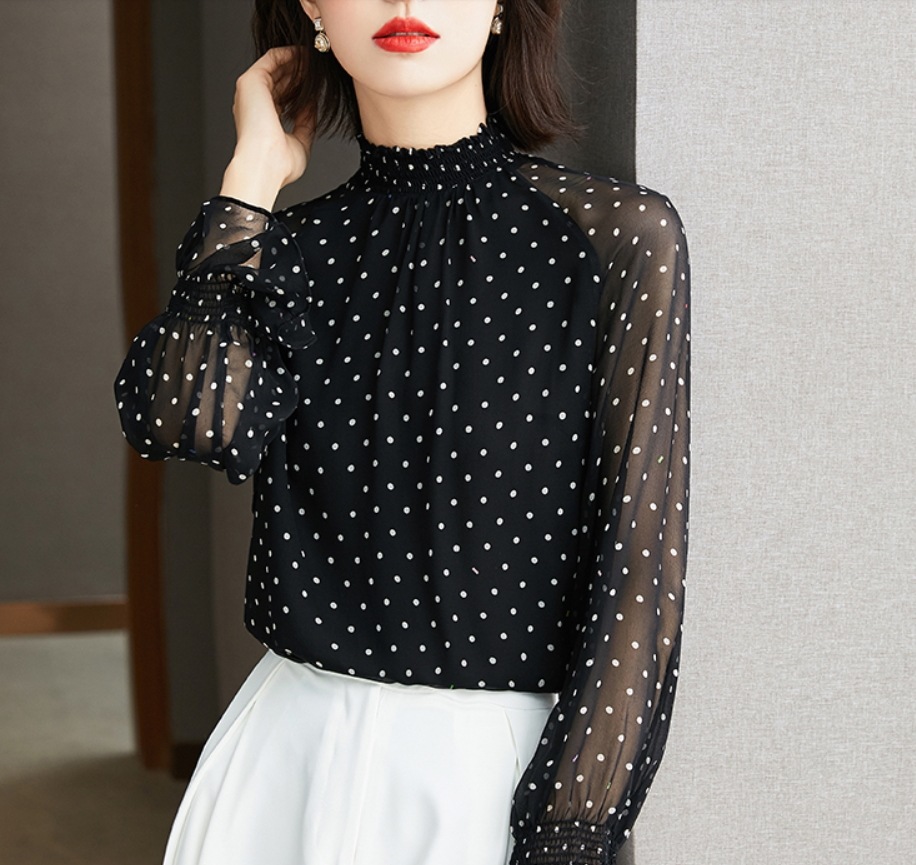 ポエットスリーブ トップス シャツ ブラウス 袖あり 長袖 ハイネック 襟なし ストレート Iライン プリーツ シフォン フリル 透け感 薄手 かわいい 大人可愛い きれいめ 大人 上品 おしゃれ