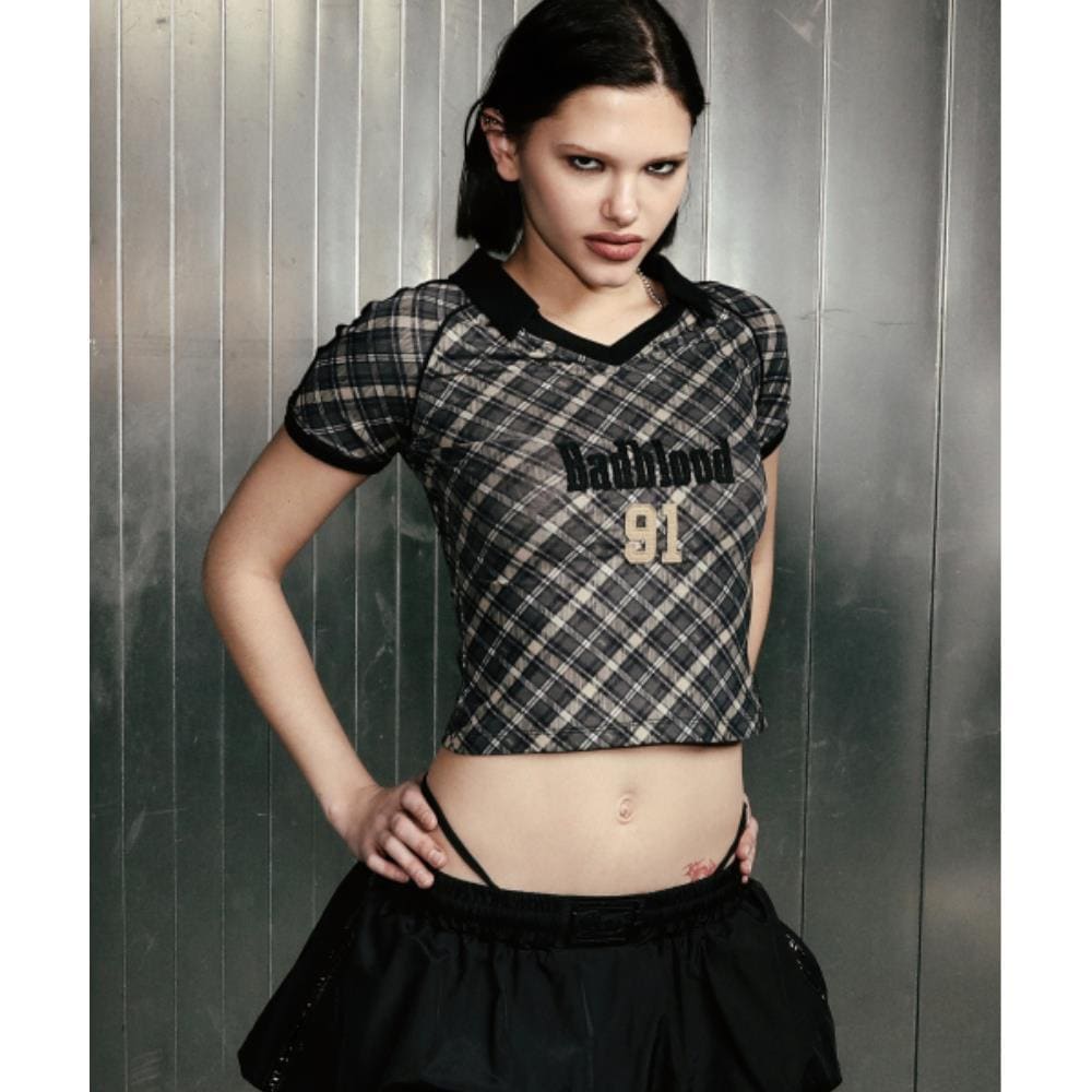 BADBLOOD Vintage Club V-Neck Check T-Shirt Black w-tee25