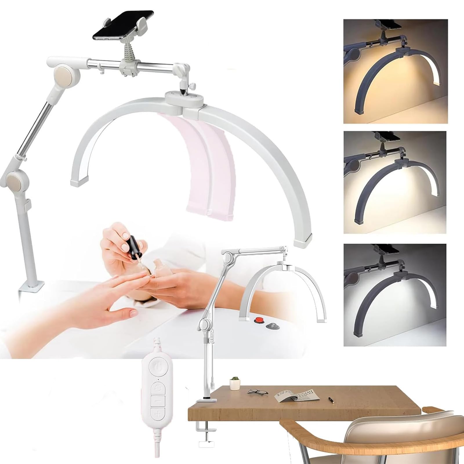 デスクライト ハーフムーンライトデスクランプ ネイル32W折りたたみ式 ネイルテックランプ クランプ led電気スタンド 308LED 超高輝度 デスクライト ネイル専用 電話ホルダー付き 無