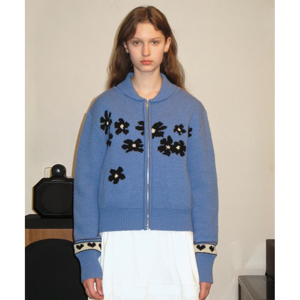 SINOON フラワーニットジップアップ (ライトブルー)