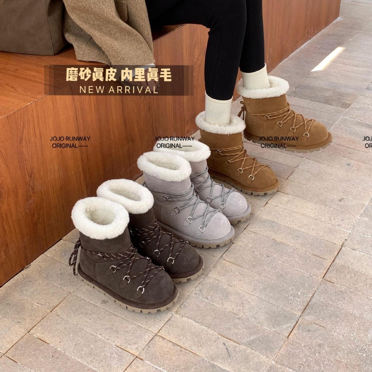 11 韓国語の韓国語バージョンフロスト本革の丸いつま先ストラップ本物の髪のスノーブーツ2024秋と冬の新しい快適な袖のソールブーツ