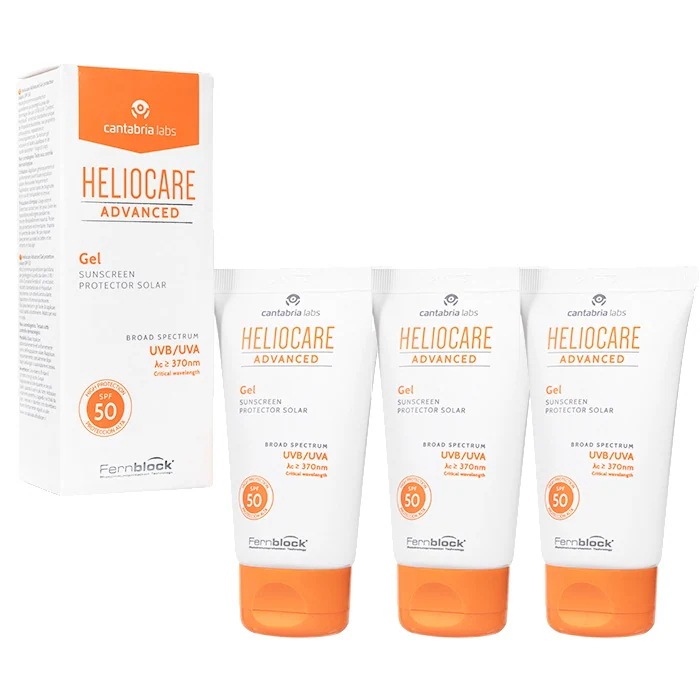 【使用期限:2026年8月】 ヘリオケア アドバンスドジェル SPF50 50ml 3本 ノンコメドジェニック ジェルタイプ 日焼け止め カンタブリア社 国際郵便発送
