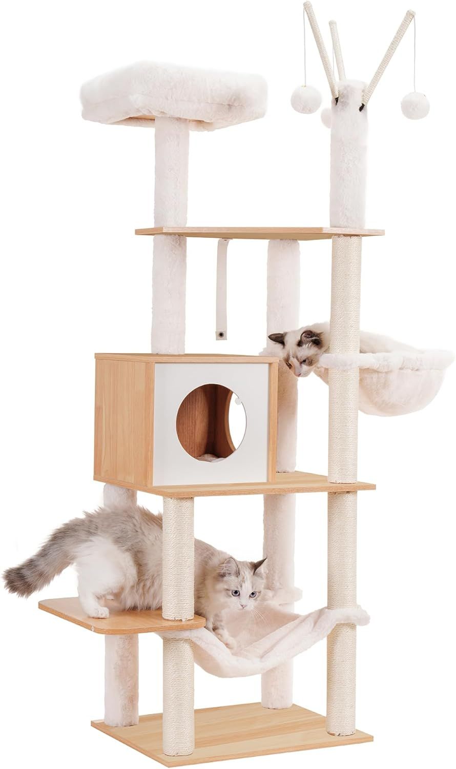 キャットタワー 木製 ウルトラスリム 省スペース 固定式 猫タワー 掃除しやすい 2つのハンモック 猫屋 クッション入りベッド 天然麻ロープの爪研ぎ柱 爪とぎおもちゃ 家具の傷防止 高さ156cm ウ