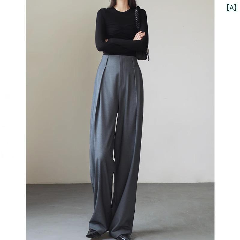 レディース　カジュアル　パンツ 春秋 グレー ウール ワイド レッグ パンツ レディース 2025 シンプル ドレープ スーツ 高級 オールド マネー スタイル シミター