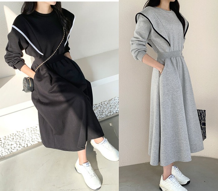 ワンピース ロングワンピース 長袖 フリル 春 夏 きれいめ フォーマル タイト 結婚式 二次会 お呼ばれ 体型カバー 上品 大人カジュアル チュニック ブラック グレー コットン混 20代 30代