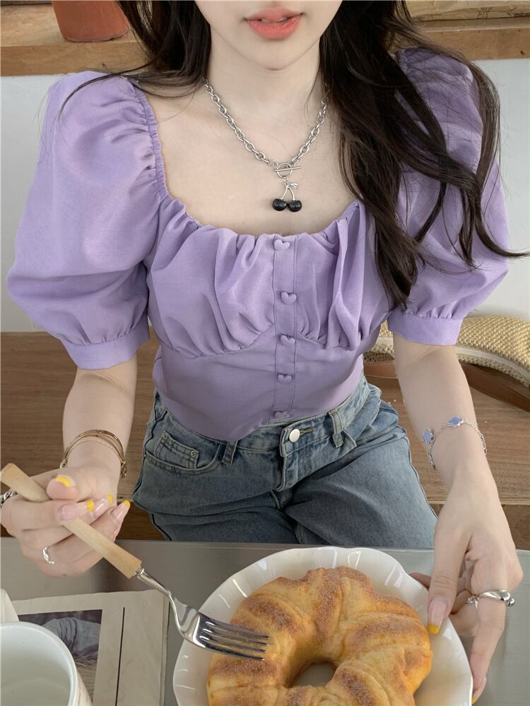2way トップス シャツ プルオーバー レディース 半袖 パフスリーブ スクエアネック オフショルダー 襟なし ストレート ボタン かわいい 大人可愛い シンプル おしゃれ こなれ感 ラフ ガーリー